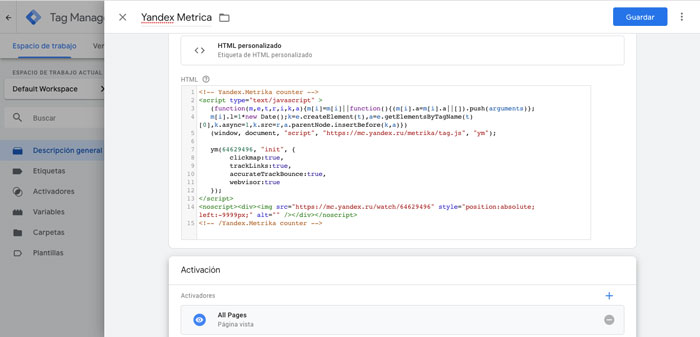 Google Tag Manager Yandex Metrica