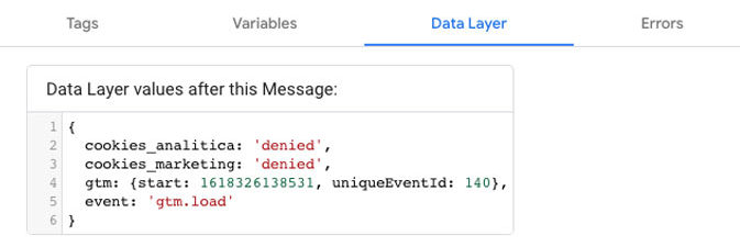 Google Tag Manager Debugger Cookies Denied